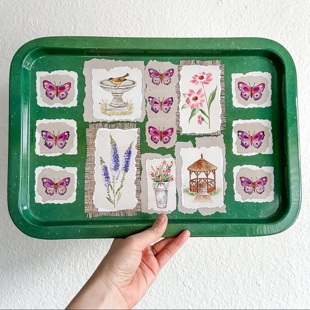 Vintage green butterfly floral metal tin tray boho